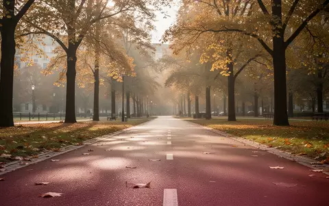 Ein asphaltierter Laufweg in einem Berliner Park im Herbst mit goldenem Laub unter sanftem Morgenlicht. - Foto: über boerse-global.de