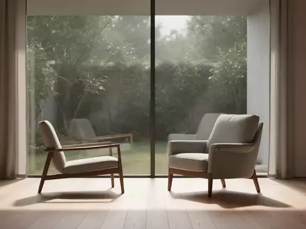 Ein minimalistisch eingerichteter, ruhiger Raum mit einem bequemen Sessel und Blick in einen stillen Garten. - Foto: über boerse-global.de