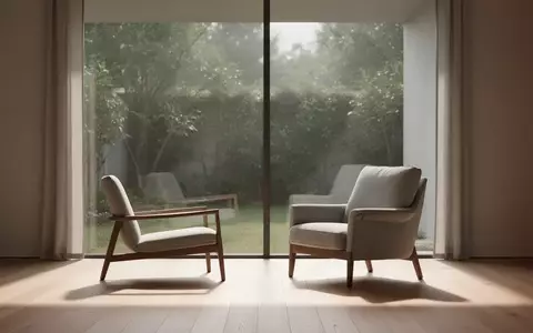 Ein minimalistisch eingerichteter, ruhiger Raum mit einem bequemen Sessel und Blick in einen stillen Garten. - Foto: über boerse-global.de