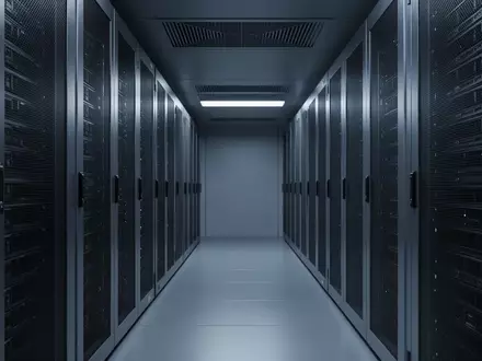 Minimalistischer, dunkel beleuchteter Serverraum mit geometrischen Metallstrukturen und kühlem blauem Licht. - Foto: über boerse-global.de