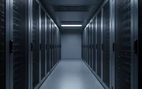 Minimalistischer, dunkel beleuchteter Serverraum mit geometrischen Metallstrukturen und kühlem blauem Licht. - Foto: über boerse-global.de