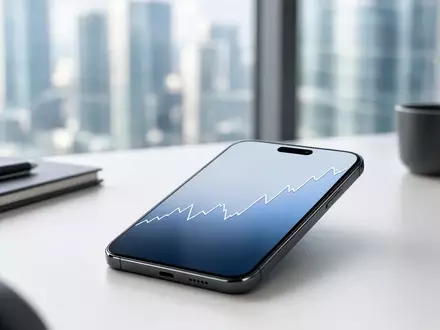 Ein modernes Büro mit einem Smartphone auf dem Schreibtisch, das einen abstrakten Börsentrend anzeigt. - Foto: über boerse-global.de