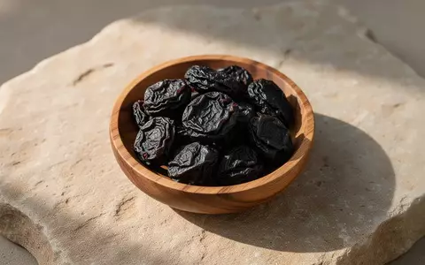 Eine kleine Holzschale mit getrockneten Pflaumen auf einem hellen Steinuntergrund in weichem Tageslicht. - Foto: über boerse-global.de