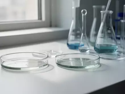 Laborumgebung mit Glasgefäßen und wissenschaftlichen Geräten auf einem weißen Tisch bei natürlichem Licht. - Foto: über boerse-global.de