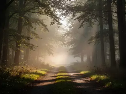 Ein ruhiger, von sanftem Morgenlicht durchfluteter Waldweg mit leichtem Nebel, der eine Atmosphäre der Stille und Besonnenheit ausstrahlt. - Foto: über boerse-global.de