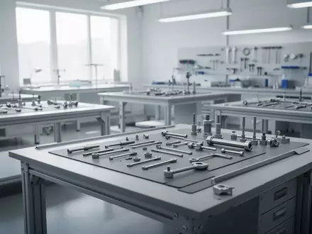 Ein sauberer, minimalistischer Arbeitsplatz in einer professionellen Werkstatt mit präzisen Werkzeugen auf einer grauen Fläche. - Foto: über boerse-global.de