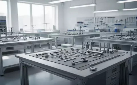 Ein sauberer, minimalistischer Arbeitsplatz in einer professionellen Werkstatt mit präzisen Werkzeugen auf einer grauen Fläche. - Foto: über boerse-global.de