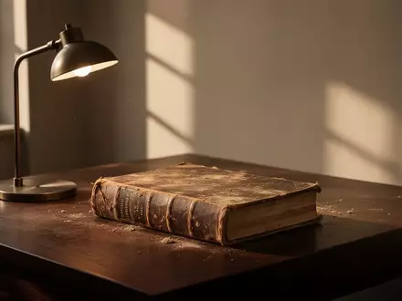 Ein altes, verstaubtes Buch liegt auf einem dunklen Holztisch in einem ruhigen Arbeitszimmer, beleuchtet durch weiches Sonnenlicht. - Foto: über boerse-global.de