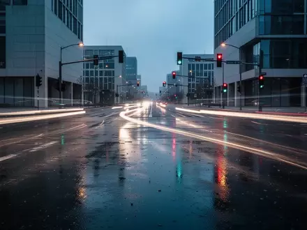 Eine nächtliche, verregnete Straßenkreuzung in einer modernen Stadt mit verschwommenen Lichtspuren des Verkehrs. - Foto: über boerse-global.de