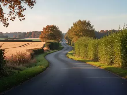 Eine kurvenreiche Landstraße im herbstlichen Westmünsterland unter einem klaren Nachmittagshimmel. - Foto: über boerse-global.de