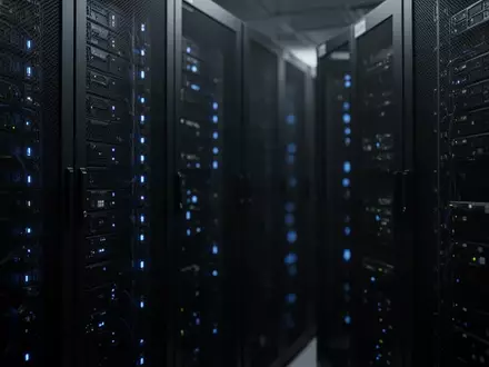 Dunkler Serverraum mit abstrakten Reihen von Netzwerkschränken und dezenten blauen Statusleuchten. - Foto: über boerse-global.de