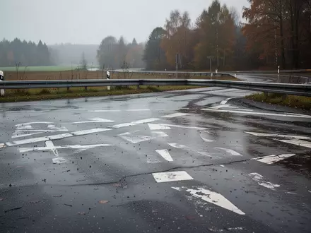 Eine verlassene, regennasse Straßenkreuzung mit Leitplanken an einem grauen Herbsttag. - Foto: über boerse-global.de