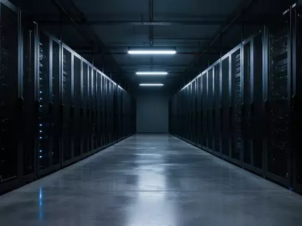 Dunkler, moderner Serverraum mit blau beleuchteten Metallschränken in einer minimalistischen Umgebung. - Foto: über boerse-global.de
