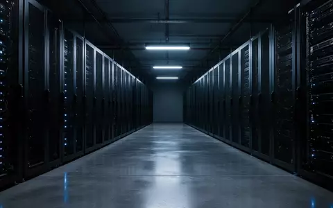 Dunkler, moderner Serverraum mit blau beleuchteten Metallschränken in einer minimalistischen Umgebung. - Foto: über boerse-global.de