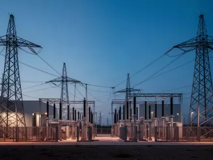 Moderne Hochspannungs-Umspannanlage bei Dämmerung mit geometrischen Stahlkonstruktionen vor blauem Abendhimmel. - Foto: über boerse-global.de