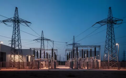 Moderne Hochspannungs-Umspannanlage bei Dämmerung mit geometrischen Stahlkonstruktionen vor blauem Abendhimmel. - Foto: über boerse-global.de