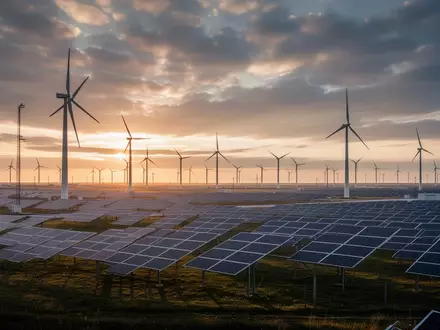 Weitläufige Landschaft mit Windkraftanlagen und Solarpaneelen als Symbol für Diversifizierung bei Kapitalanlagen. - Foto: über boerse-global.de