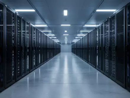 Eine weitläufige, modern beleuchtete Serverhalle mit symmetrisch angeordneten, dunklen Server-Racks in kühlem Blaulicht. - Foto: über boerse-global.de