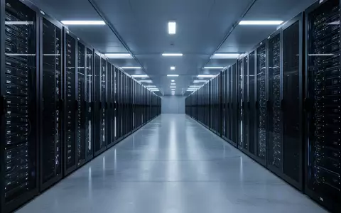 Eine weitläufige, modern beleuchtete Serverhalle mit symmetrisch angeordneten, dunklen Server-Racks in kühlem Blaulicht. - Foto: über boerse-global.de