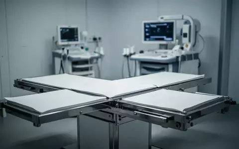 Ein minimalistischer, klinischer Untersuchungsraum mit einer leeren medizinischen Liege in neutralem Licht. - Foto: ĂŒber boerse-global.de
