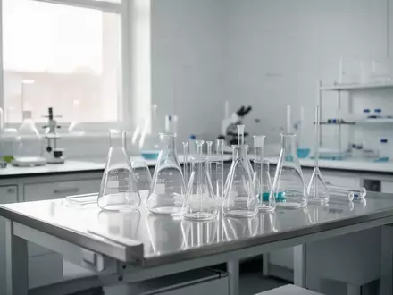 Ein minimalistisches, helles medizinisches Labor mit gläsernen Laborgefäßen auf einer Edelstahloberfläche bei Tageslicht. - Foto: über boerse-global.de