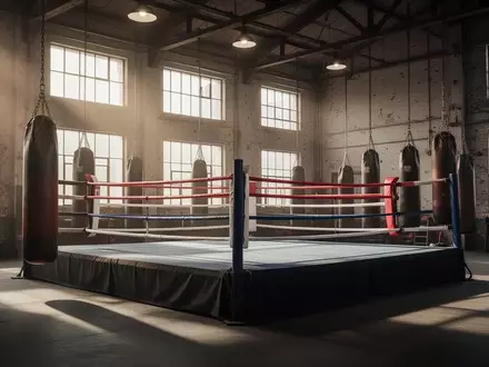 Ein leerer Boxring in einer Trainingshalle mit hängenden Boxsäcken in einer hellen, industriellen Umgebung. - Foto: über boerse-global.de