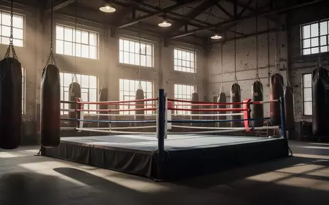 Ein leerer Boxring in einer Trainingshalle mit hängenden Boxsäcken in einer hellen, industriellen Umgebung. - Foto: über boerse-global.de