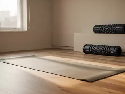 Ein minimalistischer Physiotherapieraum mit einer Yogamatte und einer Faszienrolle auf einem hellen Boden bei natürlichem Licht. - Foto: über boerse-global.de