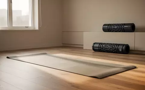Ein minimalistischer Physiotherapieraum mit einer Yogamatte und einer Faszienrolle auf einem hellen Boden bei natürlichem Licht. - Foto: über boerse-global.de