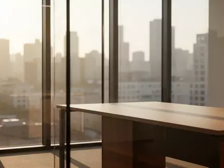 Ein minimalistischer, sonnendurchfluteter Schreibtisch in einem modernen Büro vor einer großen Fensterfront. - Foto: über boerse-global.de