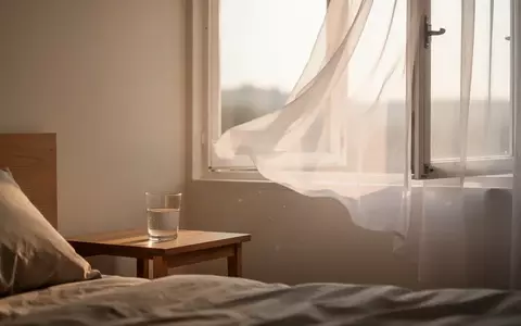 Ein minimalistisches Schlafzimmer am frĂĽhen Morgen mit einem Glas Wasser auf einem Nachttisch bei sanftem Tageslicht. - Foto: ĂĽber boerse-global.de
