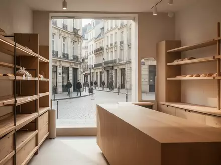 Heller Innenraum einer modernen Bäckerei mit leeren Holzregalen und Blick auf eine ruhige Fußgängerzone. - Foto: über boerse-global.de