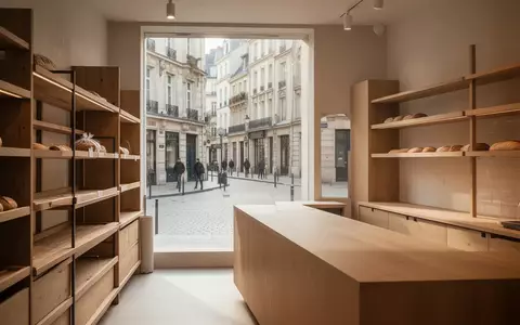Heller Innenraum einer modernen Bäckerei mit leeren Holzregalen und Blick auf eine ruhige Fußgängerzone. - Foto: über boerse-global.de