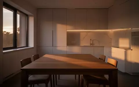 Ein minimalistischer, ruhiger Essbereich in einem modernen Zuhause während der Dämmerung mit natürlichem Licht. - Foto: über boerse-global.de