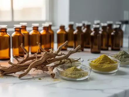 Nahaufnahme von getrockneten Pflanzenwurzeln und feinem gelbem Kräuterpulver in einem hellen, sterilen Laborumfeld. - Foto: über boerse-global.de