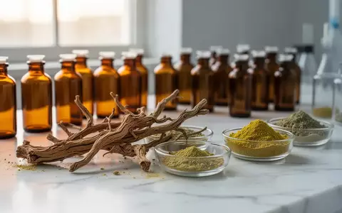 Nahaufnahme von getrockneten Pflanzenwurzeln und feinem gelbem Kräuterpulver in einem hellen, sterilen Laborumfeld. - Foto: über boerse-global.de