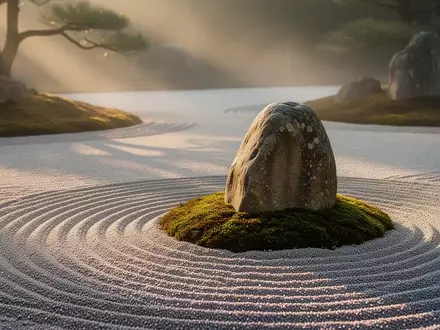 Ein minimalistischer Zen-Garten mit geharktem Sand und einem glatten Stein auf Moos in der Morgendämmerung. - Foto: über boerse-global.de