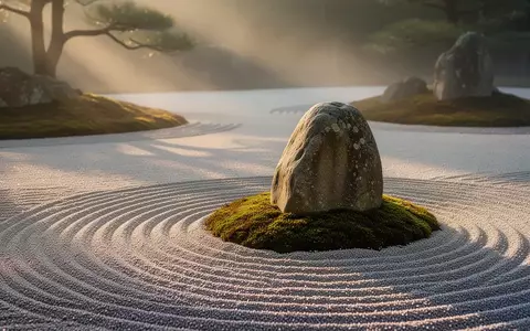 Ein minimalistischer Zen-Garten mit geharktem Sand und einem glatten Stein auf Moos in der Morgendämmerung. - Foto: über boerse-global.de