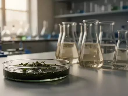 Ein Labortisch mit einer Petrischale mit Pflanzenextrakt und Glasbechern in einem hellen, wissenschaftlichen Umfeld. - Foto: über boerse-global.de