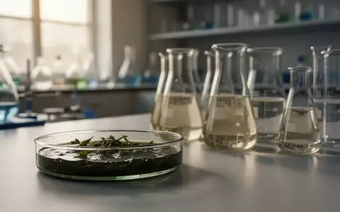 Ein Labortisch mit einer Petrischale mit Pflanzenextrakt und Glasbechern in einem hellen, wissenschaftlichen Umfeld. - Foto: über boerse-global.de