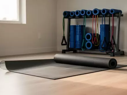 Ein minimalistischer Fitnessraum mit Yogamatte und Trainingszubehör in ruhiger, heller Atmosphäre zur Regeneration. - Foto: über boerse-global.de