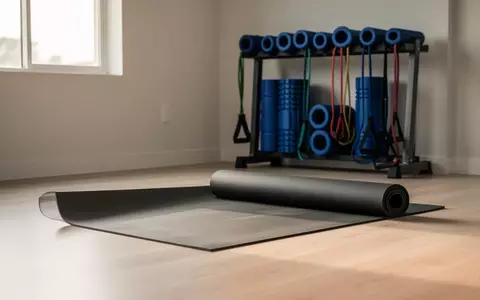 Ein minimalistischer Fitnessraum mit Yogamatte und Trainingszubehör in ruhiger, heller Atmosphäre zur Regeneration. - Foto: über boerse-global.de
