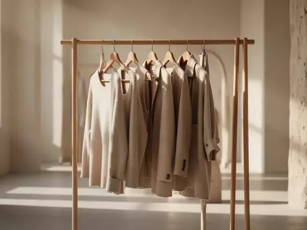 Ein minimalistischer Kleiderschrank mit wenigen, hochwertigen Kleidungsstücken auf Holzbügeln in einem hellen Raum. - Foto: über boerse-global.de