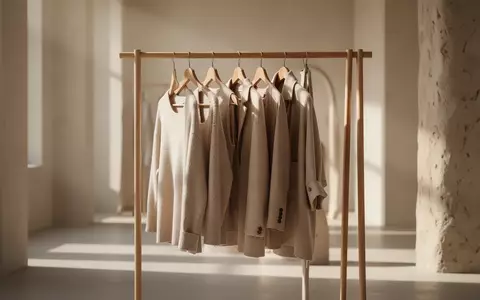 Ein minimalistischer Kleiderschrank mit wenigen, hochwertigen Kleidungsstücken auf Holzbügeln in einem hellen Raum. - Foto: über boerse-global.de
