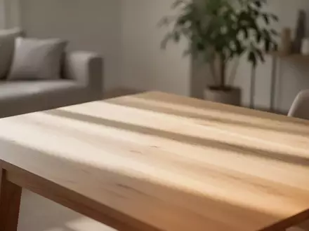 Ein heller, minimalistischer Holztisch in einem modern eingerichteten Wohnzimmer bei natürlichem Licht. - Foto: über boerse-global.de