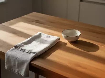 Ein leerer Holztisch mit einer einzelnen Stoffserviette und einer leeren Keramikschale in sanftem Tageslicht. - Foto: über boerse-global.de