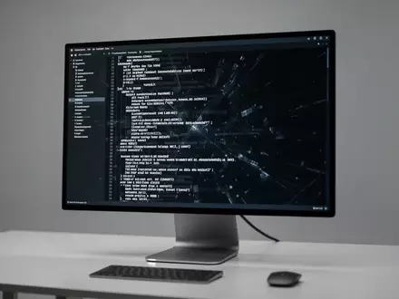 Ein moderner Arbeitsplatz mit einem Monitor, auf dem Codezeilen in einem Terminal-Fenster zu sehen sind. - Foto: über boerse-global.de