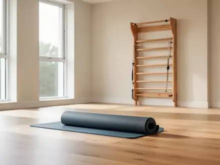 Minimalistischer Physiotherapieraum mit Holzboden und Sprossenwand in hellem, natürlichem Licht. - Foto: über boerse-global.de
