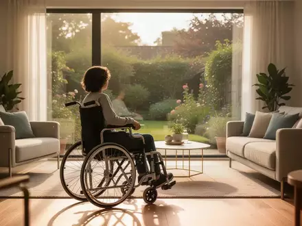 Ein junger Mensch im Rollstuhl sitzt in einem hellen, barrierefreien Wohnzimmer und schaut aus dem Fenster. - Foto: über boerse-global.de