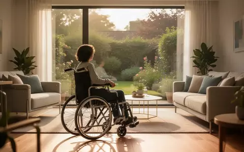 Ein junger Mensch im Rollstuhl sitzt in einem hellen, barrierefreien Wohnzimmer und schaut aus dem Fenster. - Foto: über boerse-global.de
